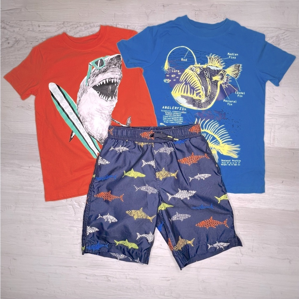 Bundle Lands End boys size-8, 2 tee’s-1 pair swim shorts, orange, blue w/sharks